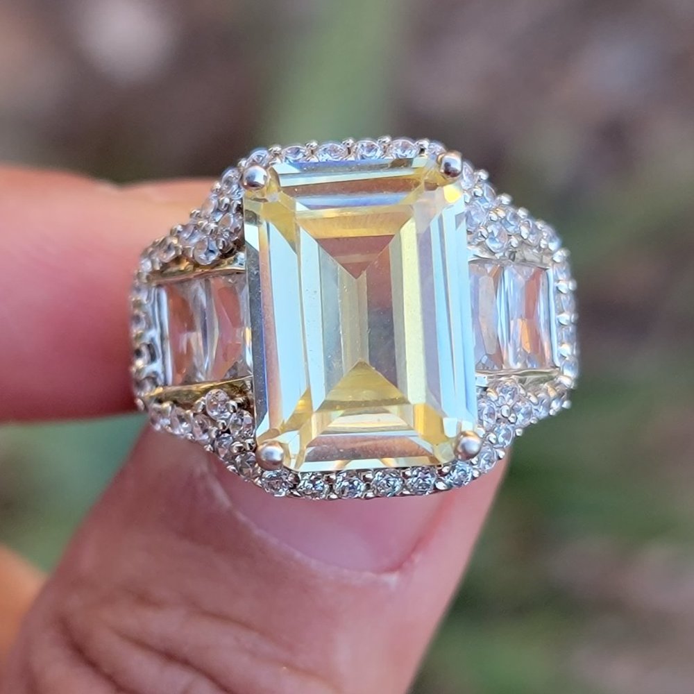 Brilliant yellow and white emerald cut baugette pave cut CZ diamond sterling sil